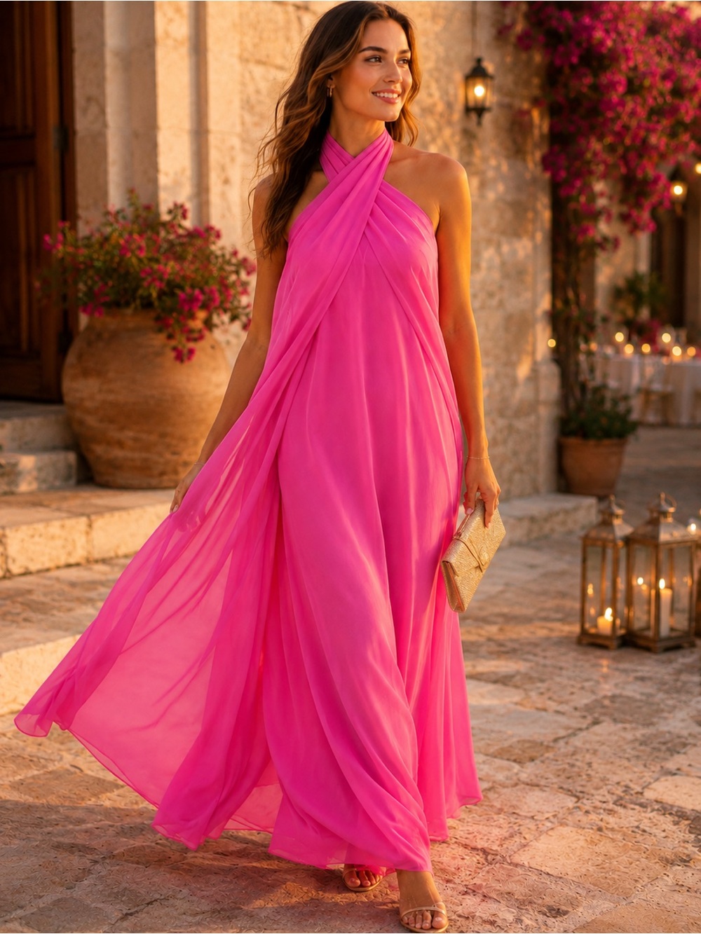 Hot Pink Halter Maxi Dress | Flowy Chiffon |Beach Vacation Resort Dress Coastal
